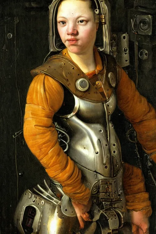 Image similar to a close - up portrait of a cyberpunk cyborg girl, by jan steen, rule of thirds