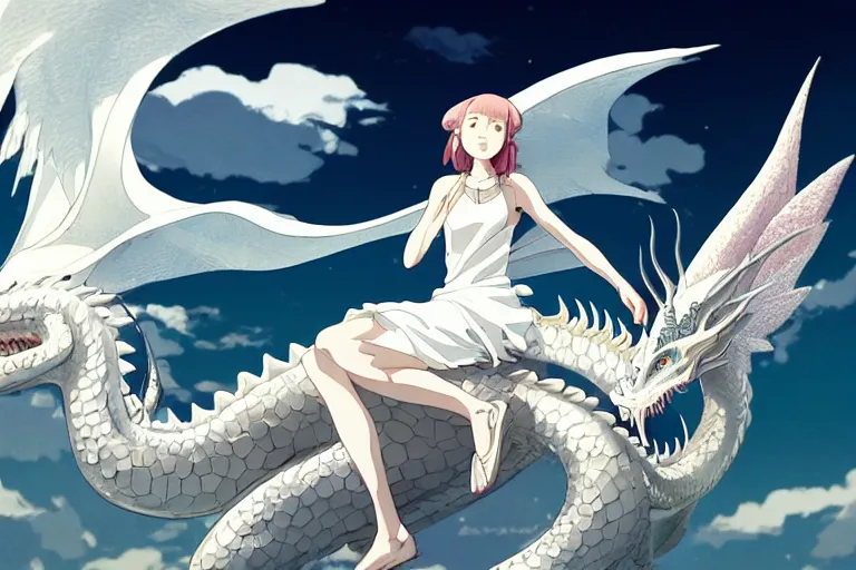 Image similar to a hyper detailed big render that a beautiful girl sitting on the back of a huge silver white dragon alone in fairyland surrounded by white clouds, finely detailed angelic face, style of studio ghibli, makoto shinkai, xision, ilya kuvshinov and artgerm, kazuki tanahashi, james jean, animation style, golden curve composition