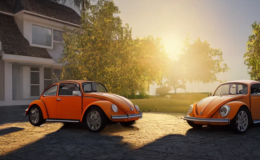 Image similar to a vw beetle parked near a modern small house with a pool at sunrise, concept art, octane render, unreal engine 5, trending on artstation, high quality, highly detailed, 8 k, soft lighting, path traced, godrays, lens flare, hyperrealistic, symmetrical, low contrast, digital art, beautiful, elegant