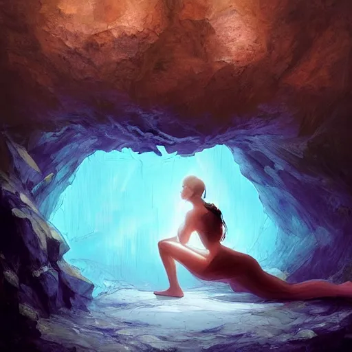 Image similar to Art station concept of a beautiful girls body kneeling in a dark cave, compulsion, Hypnosis, hypnotising, hypnotic eyes, light blue eyes, spiral eyes, symmetrical face, by Stanley Artgerm Lau, WLOP, Rossdraws, James Jean, Andrei Riabovitchev, Marc Simonetti, and Sakimichan, trending on artstation