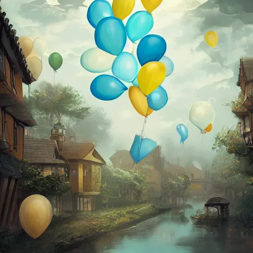 Image similar to a lot of floating birthday balloons. beautiful village. digital art, highly - detailed, artstation cgsociety masterpiece