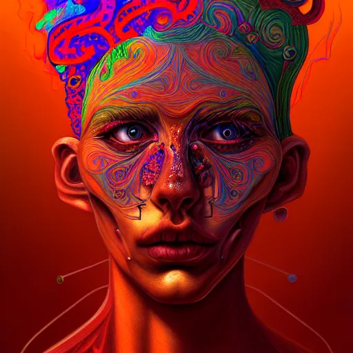 Image similar to An extremely psychedelic portrait of hell, surreal, LSD, face, detailed, intricate, elegant, lithe, highly detailed, digital painting, artstation, concept art, smooth, sharp focus, illustration