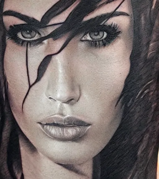 Prompt: realism tattoo sketch of a megan fox face in a double exposure effect with mountain scenery, in the style of matteo pasqualin, amazing detail, sharp