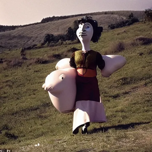 Image similar to woman with an inflatable nose, long snout, long inflatable arms, in the hillside, 1974 fellini, archival footage, technicolor film