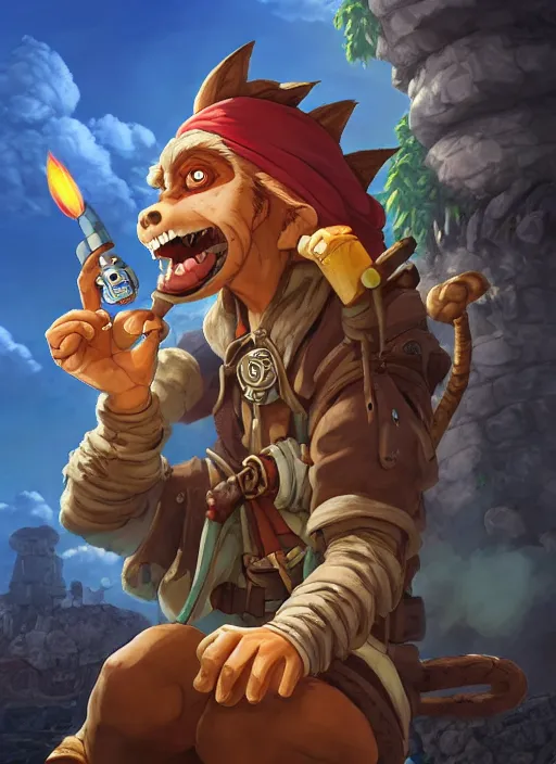 Image similar to studio ghibli pathfinder 2 e bestiary digital illustration of a goblin mixed with a monkey smoking a cigar, pirate themed, character portrait, unreal engine, hyper realism, realistic shading, cinematic composition, realistic render, octane render, detailed textures, studio lighting, photorealistic, wide shot