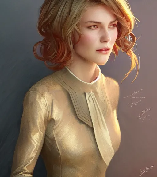 Prompt: a girl wearing a golden dress, grey hair, red necktie, cinematic, stunning, highly detailed, digital painting, artstation, smooth, hard focus, full body shot, illustration, art by artgerm and greg rutkowski and alphonse mucha