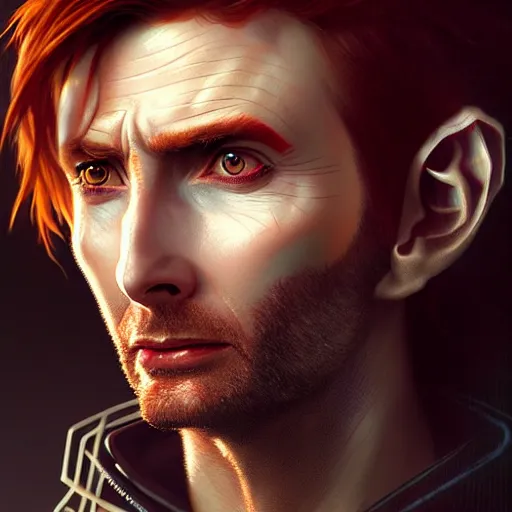 Image similar to portrait painting of a cyberpunk elf mercenary redhead david tennant, ultra realistic, concept art, intricate details, eerie, highly detailed, photorealistic, octane render, 8 k, unreal engine. art by artgerm and greg rutkowski and charlie bowater and magali villeneuve and alphonse mucha