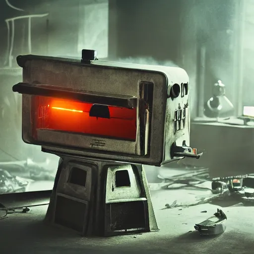 Image similar to head of toaster oven mecha, dark messy smoke - filled cluttered workshop, dark, dramatic lighting, orange tint, cinematic, highly detailed, sci - fi, futuristic, movie still