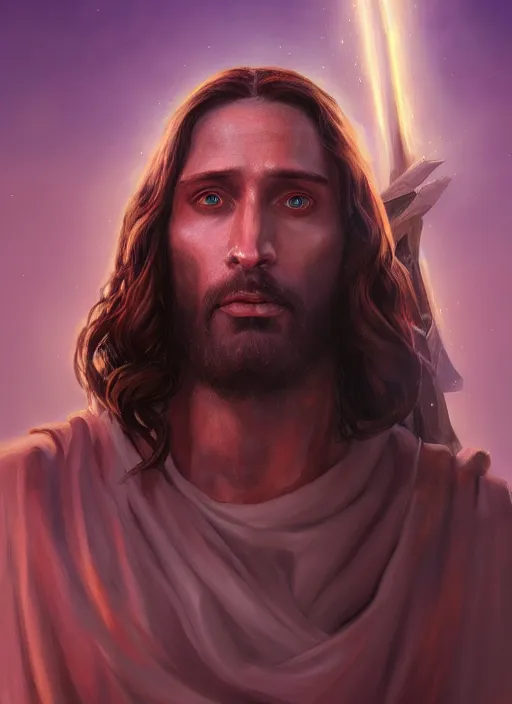 Image similar to A fantasy comic book style portrait painting of Jesus Christ as a Mage, unreal 5, DAZ, hyperrealistic, octane render, RPG portrait, dynamic lighting