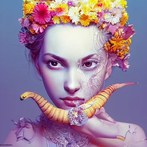 Image similar to the portrait of an absurdly beautiful, graceful, elegant young woman made of bananas and petals looking down, an ultrafine detailed illustration by kim jung gi, irakli nadar, intricate linework, bright colors, octopath traveler, final fantasy, angular, unreal engine 5 highly rendered, global illumination, radiant light, detailed and intricate environment