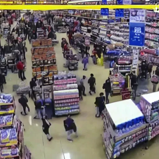 Prompt: cctv footage gang fight in walmart, high angle security camera feed, blurry and glitchy,