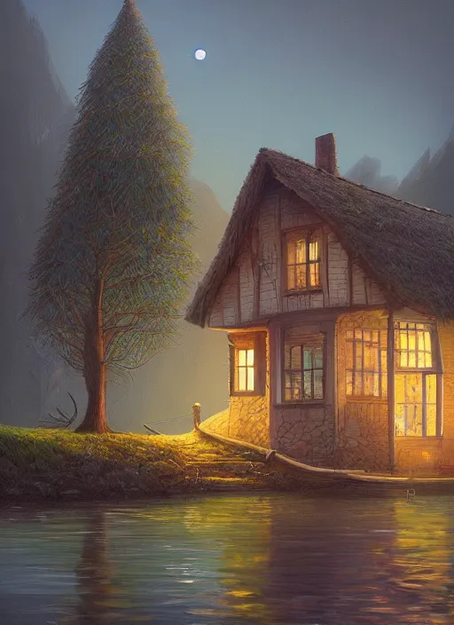 Prompt: painting of a house by a lake at night, a storybook illustration by gediminas pranckevicius, featured on artstation, fantasy art, storybook illustration, artstation hq, atmospheric