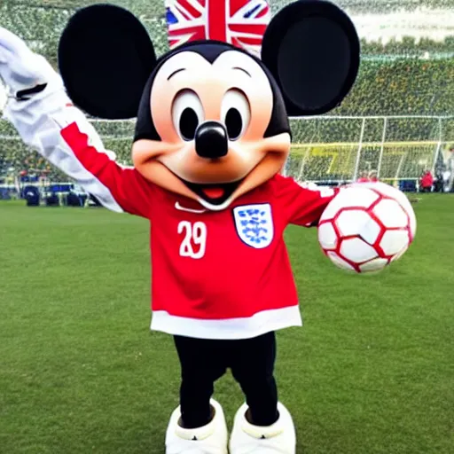 Prompt: a mickey wearing england soccer team shirt.