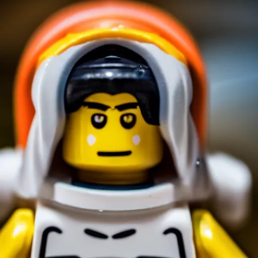 Image similar to closeup shot of lego astronaut that looks kind of like christopher walken ( eos 5 ds r, iso 1 0 0, f / 8, 1 / 1 2 5, 8 4 mm, postprocessed, bokeh )