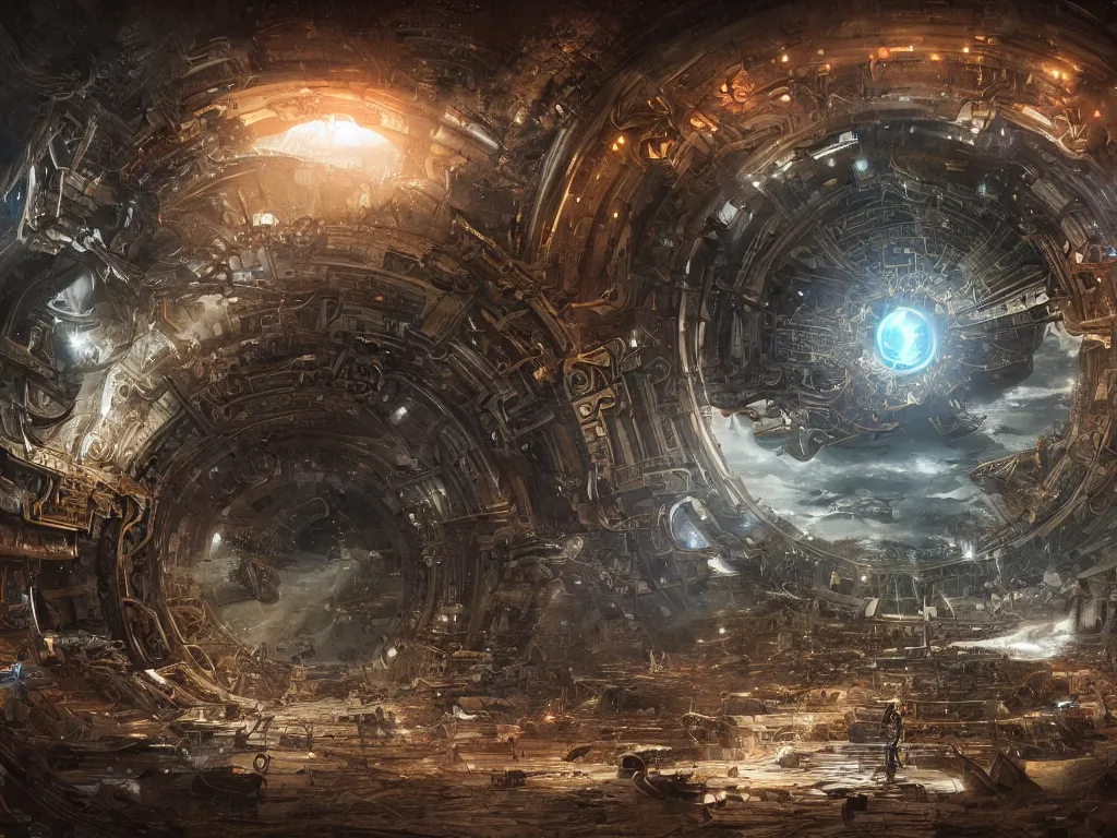 Prompt: an intricate matte painting of an epic battle between nature and technology at the center is a circular glowing biomechanical portal made of mechanical and electrical parts