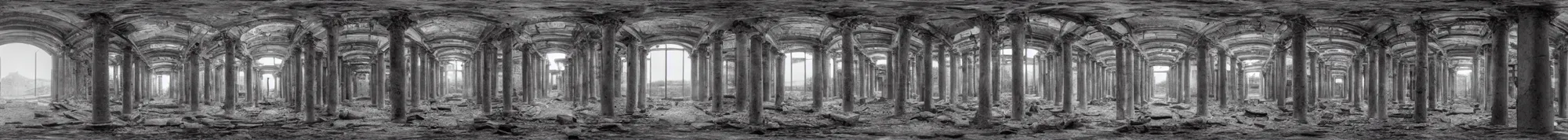 Image similar to photo of an immersive forgotten panopticon well, with columns and destroyed cybernetics from an ancient civilization, photorealistic, higly detailed dark, 3 6 0 picture, panorama, 3 5 mm slide, trending on flickr, in the style of francesca woodman, zachary corzine, zhelong xu, greg rutkowski and anders zorn