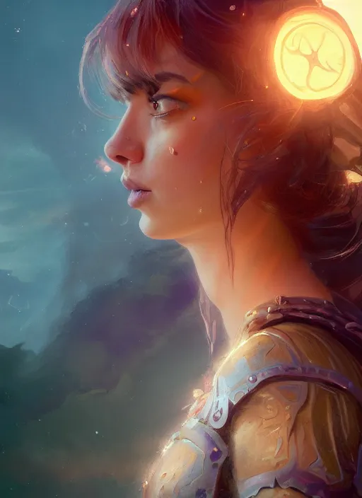 Image similar to side portrait, imogen poots, paladin, fantasy, gloomhaven, luminescent, organic painting, gaudy colors, octane render, unreal engine, by greg manchess, huang guangjian, gil elvgren, sachin teng, greg rutkowski, jesper ejsing, ilya kuvshinov