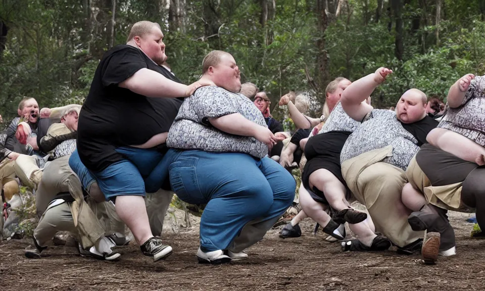 Prompt: Obese people at the international chair-breaking competition, AP photography, National Geographic, award-winning natural life sighting photography