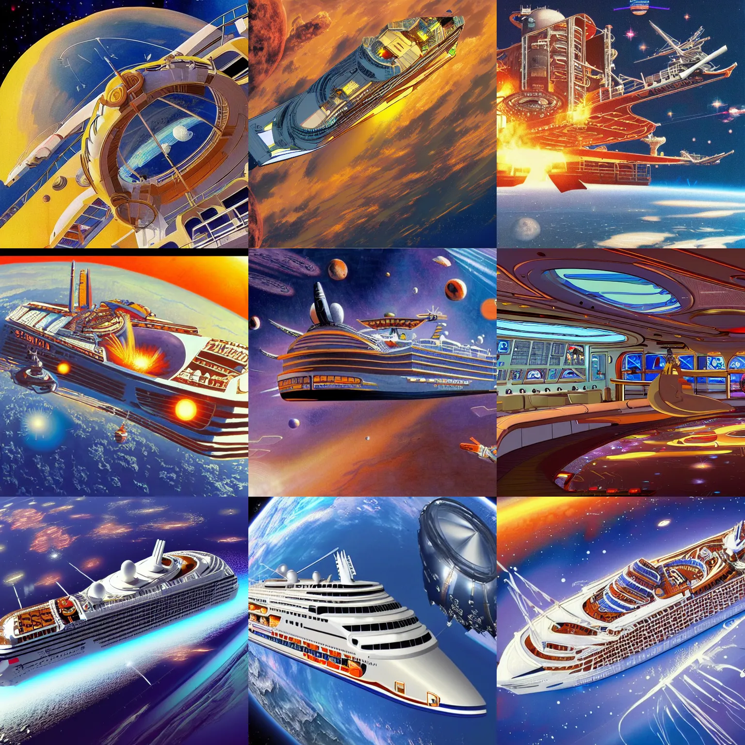 Prompt: cruise ship in space, in the style of Robert McCall, Fifth Element, 8K high detail, Unreal Enging