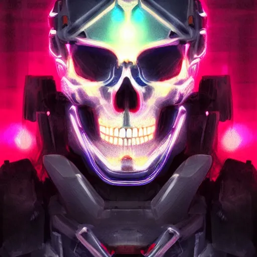 Prompt: full front face centered hyperdetailed portrait of a mecha skull ronin, 8k, digital painting, futuristic, black neon lights, trending on CG society