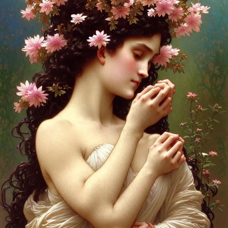 Prompt: a wonderful goddess with a body of beautiful flowers, intricate, elegant, highly detailed, wonderful eyes, cute, digital painting, artstation, concept art, smooth, clear focus, illustration, art by artgerm and greg rutkowski, alphonse mucha and william - adolphe bouguereau