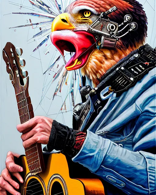 Image similar to a portrait of an anthropomorphic cyberpunk bald eagle screeching while strumming an acoustic guitar by sandra chevrier, by jon foster, detailed render, tape deck, epic composition, cybernetics, 4 k realistic, cryengine, realistic shaded lighting, sharp focus, masterpiece, by enki bilal