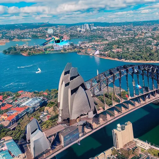 Image similar to A moshpit on top of the Sydney harbor bridge, drone photograph