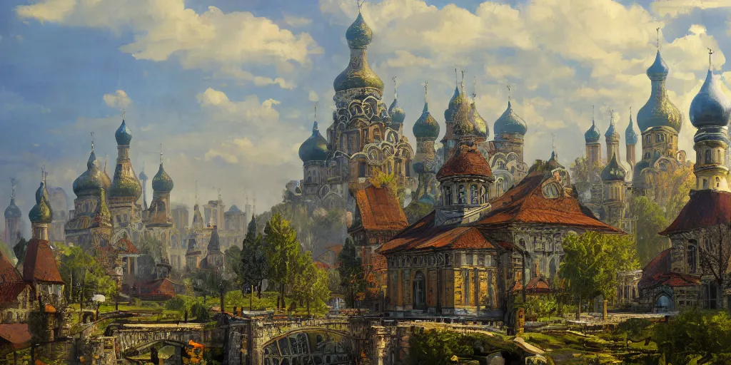 Image similar to beautiful magical ancient Slavic city of Kitezh, oil painting, painting by Viktor Vasnetsov, concept art, fantasy cityscape, ancient Russian architecture, painting by Ivan Shishkin, hyperborea, magic mist, high resolution, trending on artstation,
