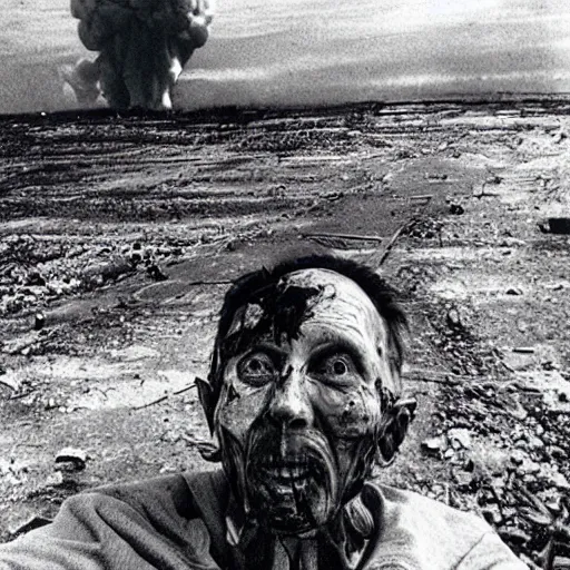 Image similar to last selfie of last alive ukrainian very damaged body to bones running from nuclear strike, a nuclear explosions in the background, dead bodies everywhere, 2 0 2 2