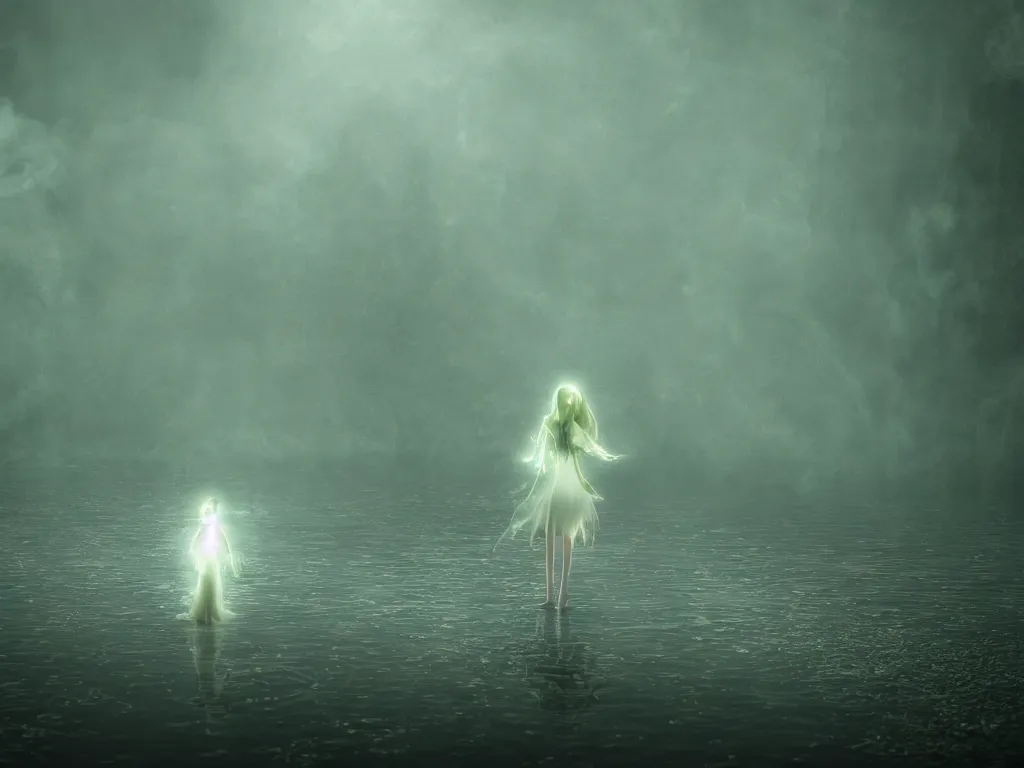 Image similar to cute fumo plush girl ghost in the haze of the murky river, reflective water surface, smoke and volumetric fog, tattered gothic horror maiden, fallen angel, green lens flare, light shafts, light and shadow, vray