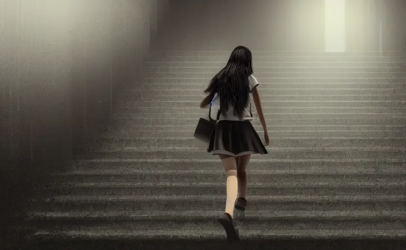 Prompt: school girl going up the stairs, gloomy and foggy atmosphere, octane render, cgsociety, artstation trending, horror scene, highly detailded