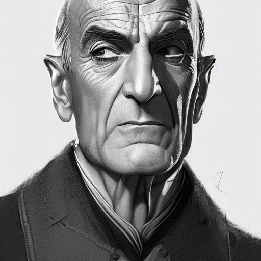 Image similar to Louis de Funès, portrait, headshot, D&D, fantasy, highly detailed, digital painting, artstation, concept art, sharp focus, illustration, art by artgerm and greg rutkowski and alphonse mucha