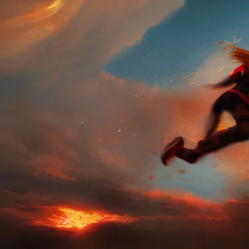 Prompt: running and falling on burning clouds, 4k, post-processing, detailed, artstation