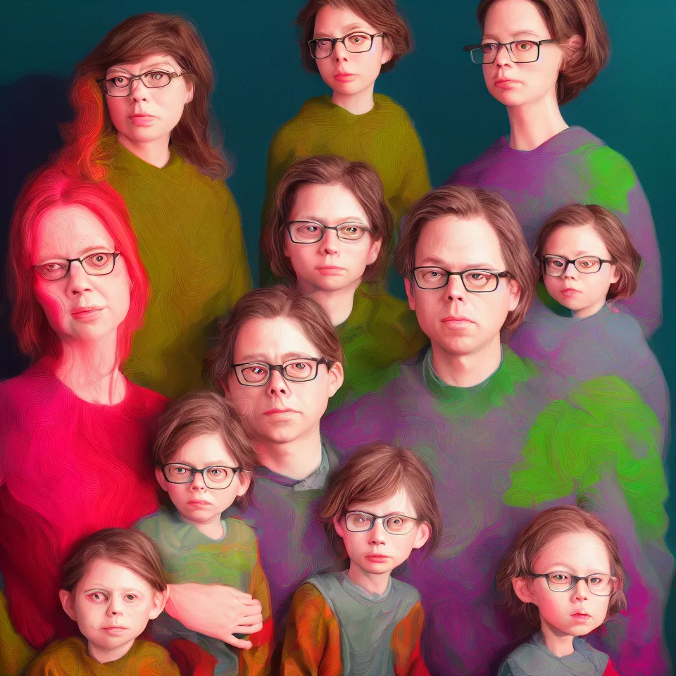 Image similar to bright realistic todd solondz family photo, diffuse lighting, fantasy, intricate, elegant, highly detailed, lifelike, photorealistic, digital painting, artstation, illustration, concept art, smooth, sharp focus, art by francis bacon