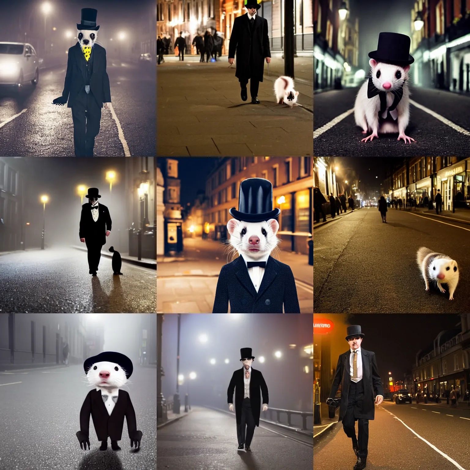 Prompt: a ferret wearing a suit and a bowler hat walking the streets of foggy london by night