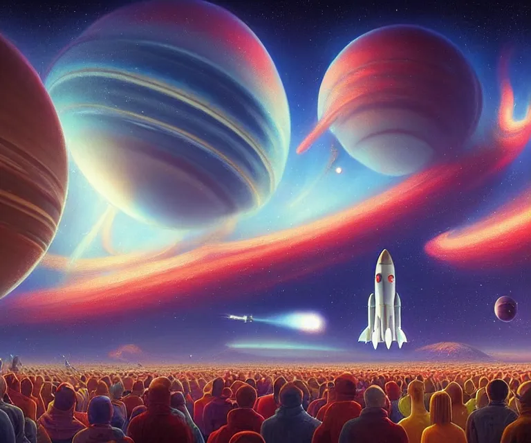 Image similar to hyper detailed 3d render like a Oil painting - crowds cheer at a spaceport on a beautiful faraway planet as a rocket blasts off, large gas giant in the dramatic nebula-filled alien sky, retrofuturistic science fiction vibe, by Jacek Yerka, Mariusz Lewandowski, Houdini algorithmic generative render, Abstract brush strokes, Masterpiece, Edward Hopper and James Gilleard, Zdzislaw Beksinski, Mark Ryden, Wolfgang Lettl, hints of Yayoi Kasuma, octane render, 8k, wide angle shot