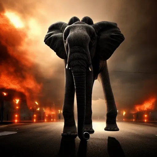 Image similar to apocalyptic, a terminator elephant walking on the future street. smoke. volumetric lighting, sharp focus, ultra detailed, cgsociety - w 1 0 2 4 - n 8 - i