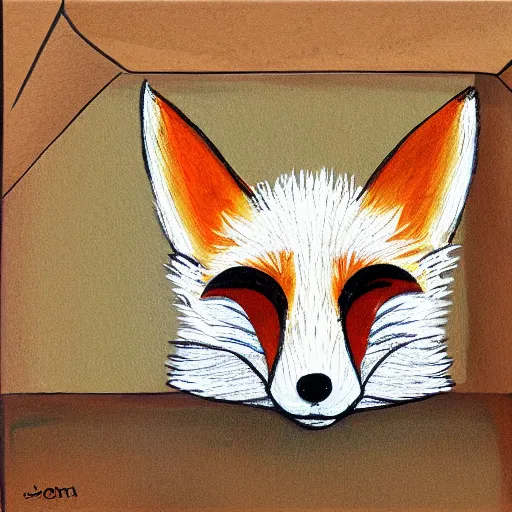 Image similar to a fox hiding inside a box, painting