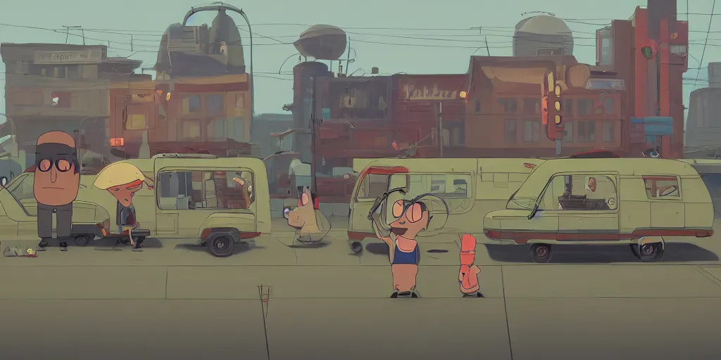 Image similar to bobs burgers by Goro Fujita and Simon Stalenhag , 8k, trending on artstation, hyper detailed, cinematic