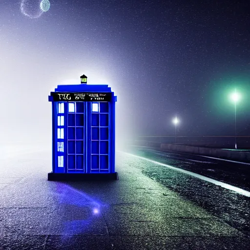 Image similar to a hyperdetailed photograph of the tardis sat on a futuristic street corner, night, dense fog, rain, hd, 8 k resolution