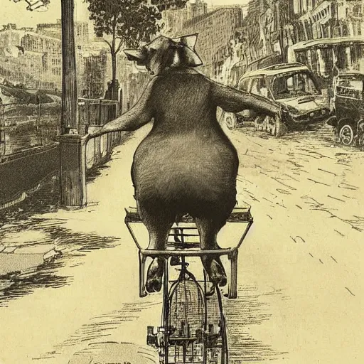 Image similar to a pig riding a bicycle on the road by the seaport,detailed heye illustraion by Hugo Prades