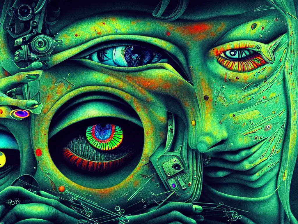 Prompt: highly detailed photo of psychedelic dilated pupil, trending on deviantart, neo surrealism, sharp focus, a lot of little details, octane, masterpiece, art by max ernst