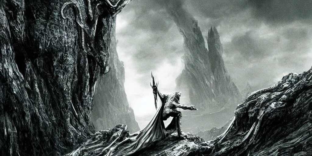 Prompt: lord of the rings movie still, directed by ridley scott in the style of h. r. giger, a black rider ring wraith perched on the edge of a cliff, dark environment, cinematic, cinemascope