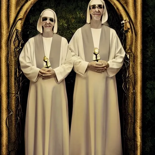 Image similar to award winning photo Floating twin nuns wearing translucent habits Very long arms, smiling, in a sanctuary, eerie, frightening, glowing eyes —width 1024 —height 1024