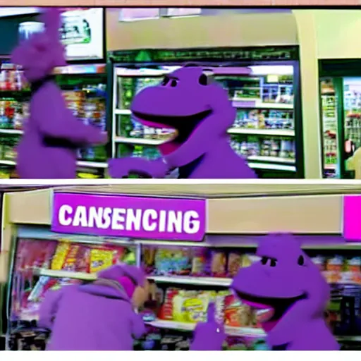 Image similar to security cam footage of barney the dinosaur robbing a convenience store