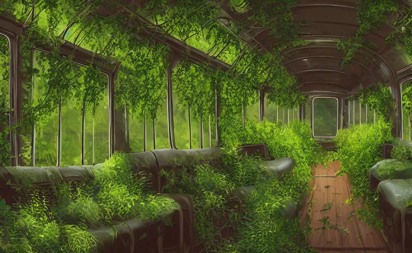 Prompt: A beautiful interior of an overgrown bus full of lush plants, rich vines and verdant flowers, digital art, trending on Artstation, thick atmosphere, fireflies flying around, 4k wallpaper