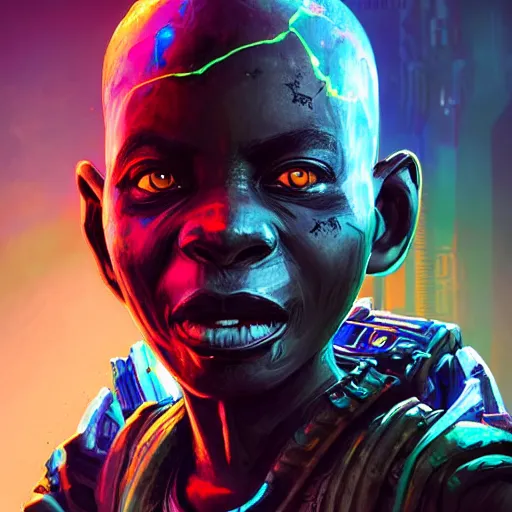 Image similar to a dark and ominous cyborg african child soldier with glowing eyes and tribal facial scarification, neon graffiti, Apex Legends character digital illustration portrait design, by android jones and greg rutkowski in a cyberpunk voodoo style, retrowave color scheme, detailed, cinematic lighting, wide angle action dynamic portrait