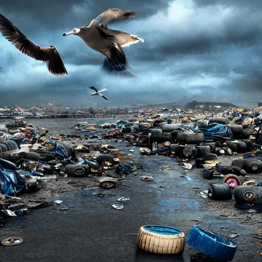 Image similar to on water, enormous huge islands of tyres and garbage floating, seagulls flying in the forecasted sky, dramatic light, post apocalyptic, rainy weather, wet,highly detailed, wide shot, 8K mate painting, concept