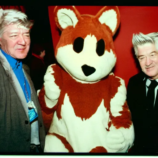 Image similar to David Lynch hanging out with fursuiters at a furry convention, 35 mm, film photo