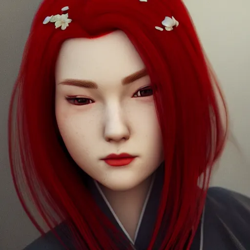 Image similar to a girl with red hair in a kimono, style of julia razumova, portrait, unreal engine, octane rendering, 8 k, closeup headshot, smooth, trending on artstation, digital illustration,.